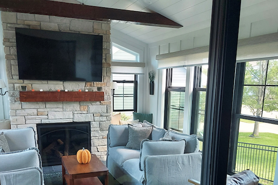 Inside view of bump out addition complete with fireplace in Bishops Bay.