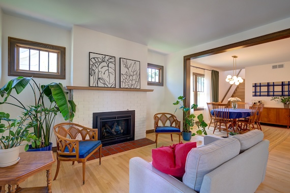 Monroe Street area home living room fireplace.